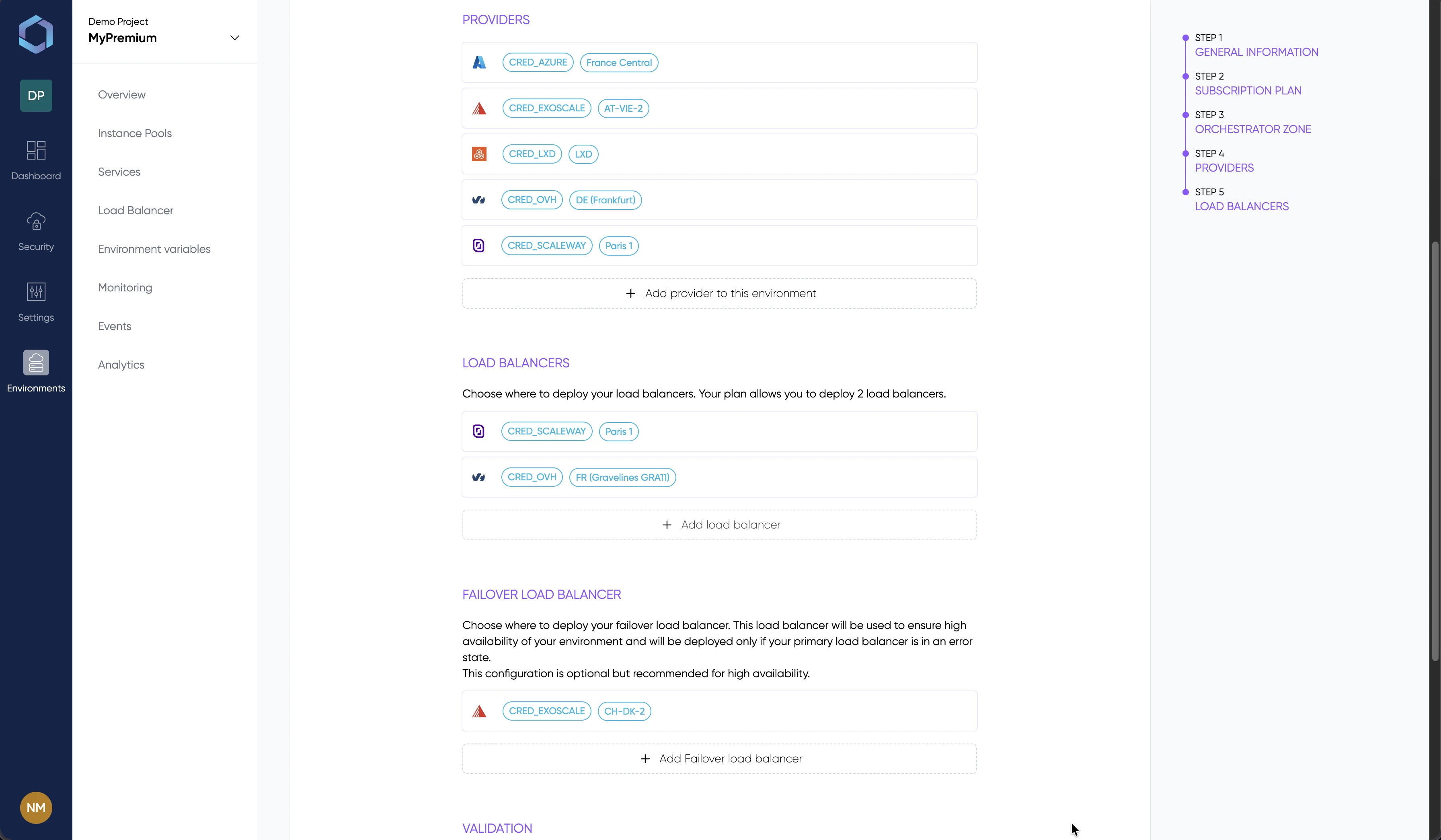 LayerOps environment editor — configure multi-cloud infrastructure with AWS, GCP, Azure and OVH