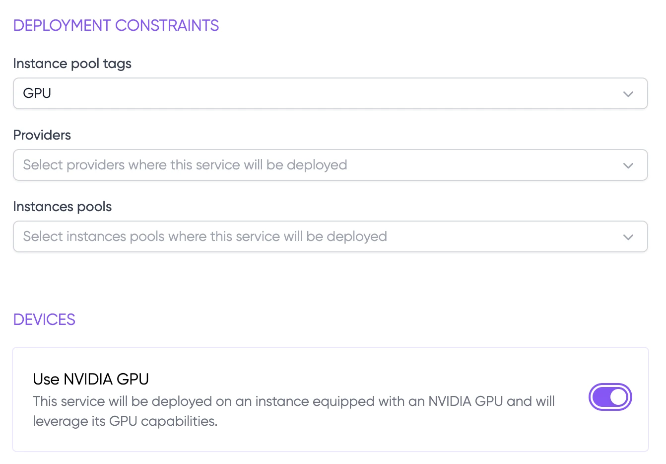 LayerOps GPU deployment constraints — NVIDIA GPU toggle, instance pool tags, and multi-provider selection
